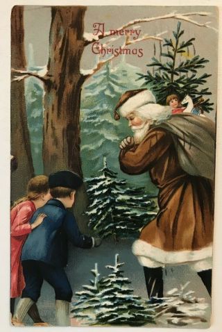 Victorian Brown Robe Santa Claus In Forest With Children Christmas Postcard - C996