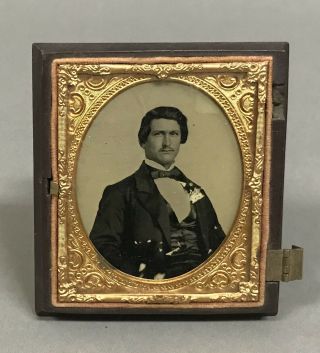 Union Cased Sixth - Plate Ambrotype Of Young Man W/ Hand - Tinting C.  1859