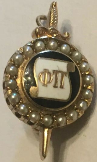 Vintage 10k Gold Enamel Sorority Pin/Charm PHI PI Seed Pearls Sword LGB 2