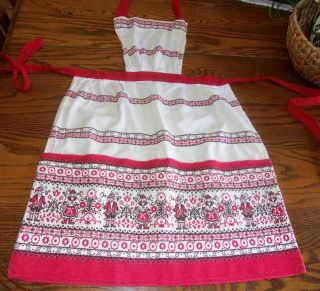 Vintage Cotton Embroidery Apron W/pockets & Bib Dutch Design Red/white