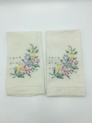Vintage Cross Hem Stitch Floral Kitchen Tea Hand Guest Towels Embroidered 2