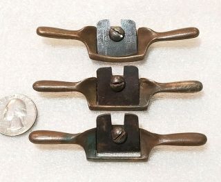 3 Miniature Vintage Brass Spoke Shave Wood Planes.  3 " - 7/8 " Blades,  3 Angles