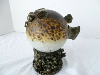 Vintage Stain Glass Puffer Fish Lamp Nite Lite Tortoise Pattern