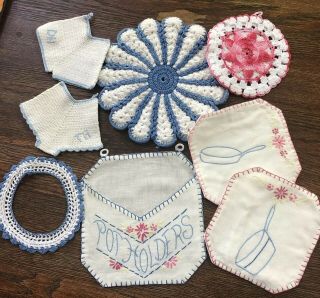 Vintage Embroidered And Crocheted Pot Holders Pink Blue