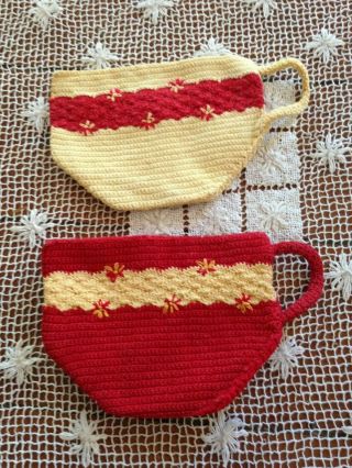 Set Of 2 Vintage Handmade Coffee Cup Crochet Hot Pads Potholders Red & Yellow