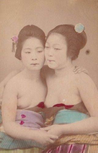 Vintage Albumen Photo Japan Close Half Dressed Geisha Girlfriend Exposure
