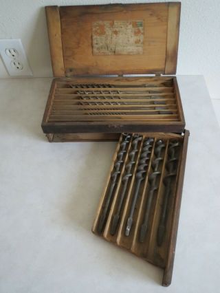 Antique Vintage Irwin Auger Brace Drill Bit Set In Wooden Box