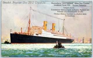 Vintage Swedish - American Lines Steamship Postcard M/s Gripsholm York Harbor