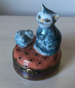 Limoges Trinket Box Peint Main Mother Cat And Kitten