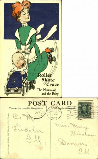 Roller Skate Craze Comic Nursemaid And Baby Edwardian Fashion 1907 Comic