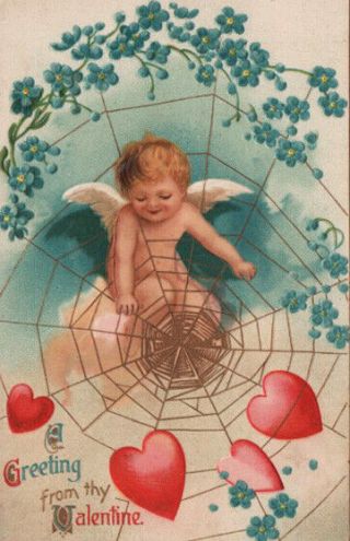 Ellen Clapsaddle Darling Cupid Cherub Web Of Valentine Hearts Gold Embel.  Emb.