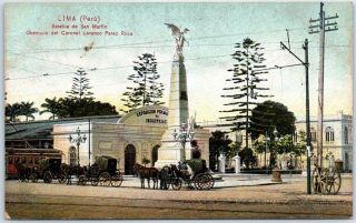 Lima,  Peru Postcard " Estatua De San Martin " Street Scene Trolley Horses 1910s
