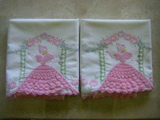 Vintage Pr Southern Belle Arbor Trellis Pillowcases Hand Embroidery Crochet Pink