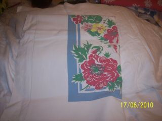 Vintage Cotton Table Cloth 72 X 54 Off White W/ Red & White,  Flowers