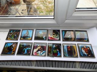 Set Of 12 Antique Colour Magic Lantern Slides Father Goes To War & Comes Home
