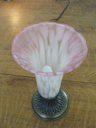 Vintage Art Nouveau Pair Metal Table Lamp Pink Art Glass Tulip Shades