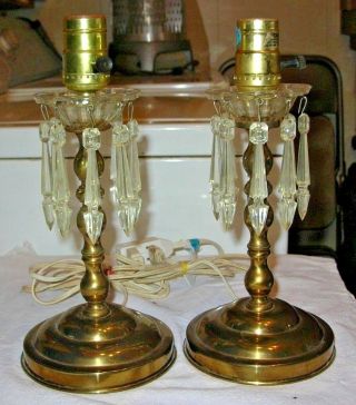 Antique Vintage Pair Brass Metal Boudoir Vanity Table Lamp W/prism