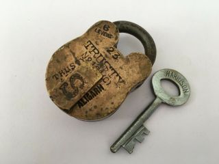 Lock Old Vintage Brass Padlock Lock With Key Rich Patina Rear Trusty 6 Levers