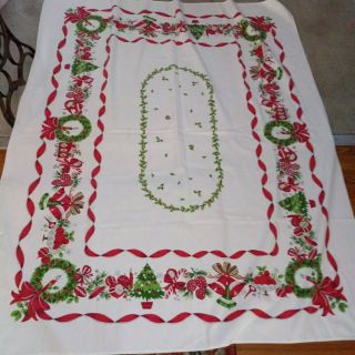 Vintage Tablecloth Christmas Ornaments Candy Canes Pine Cones More 54x64