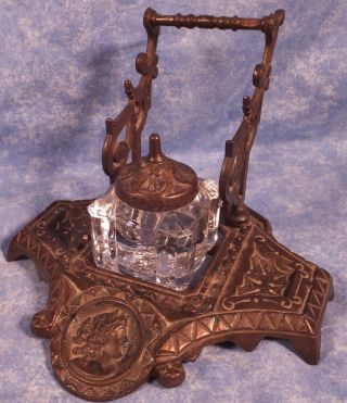 Antique Victorian Cast Iron Cameo Inkwell Stand W Pen Rests & Judd Inkwell