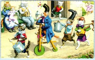 Mainzer Cats & Kittens Funny Parade Music Band Anthropomorphic 4707 Postcard