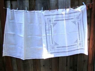 Two Vintage White Linen Filet Lace Needlework Tablecloth Handmade Drawnwork