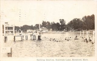 F52/ Rockford Michigan Rppc Postcard 1926 Bostwick Lake Beach Bathers