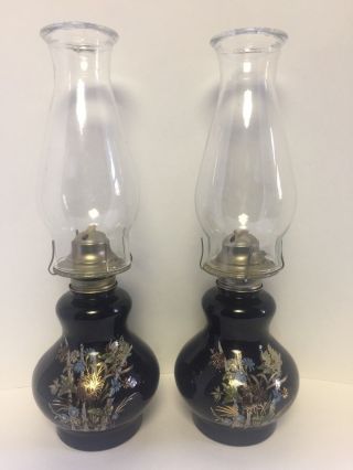 Vintage Glass Kaadan Ltd Oil Kerosene Lamps,  Pair,  Black W/ Flowers