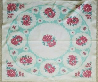 Vintage Cotton Print Tablecloth Aqua Red & White Flowers 34 " X 31 " Bistro Size