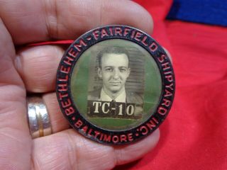 Vintage Employee Id Badge Pin Pinback Bethlehem Steel Shipyard Baltimore Bx - G