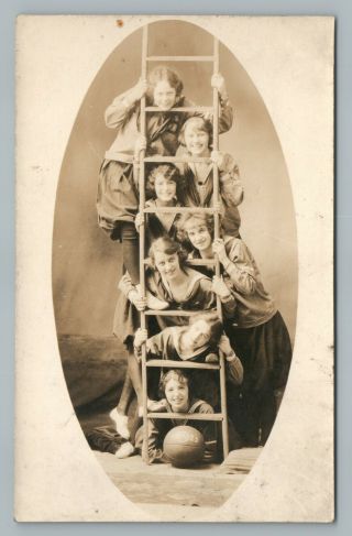 Girls Basketball Team In Ladder Rppc Antique Women 