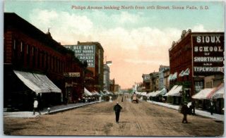 Sioux Falls,  South Dakota Postcard Phillips Avenue Downtown Street Scene C1910s