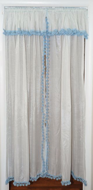 Sears Vtg Shabby Chic Semi Sheer Blue Pom Pom Curtains W/ Valance Ball Fringe