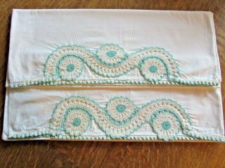 Vintage Crocheted Cotton Pillow Cases,  Standard/queen,  Aqua Turquoise & White