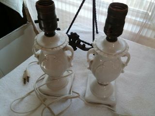 Pair Small Elegant Vtg White Ceramic Table Lamps