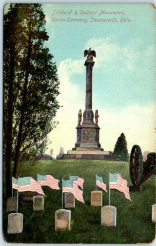 Steubenville,  Ohio Postcard " Soldiers & Sailors Monument,  Union Cemetery " C1910