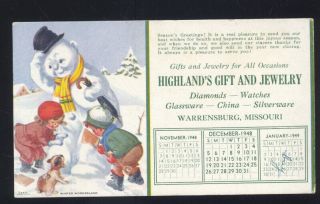 Warrensburg Missouri Highlands Jewelry Store Advertising Ink Blotter Snowman