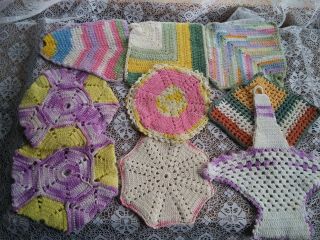 9 Vintage Hand Crocheted Pot Holders/ Hot Pads.  Multi - Hued.