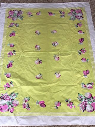 Vintage Tablecloth Mid Century Modern Fruits Summer Yellow White Pink 4 