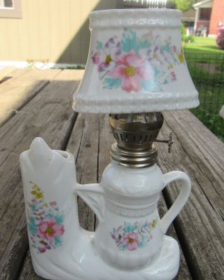 Rare Vintage White Ceramic W/ Floral Design Teapot / Bud Vase Mini Oil Lamp Euc