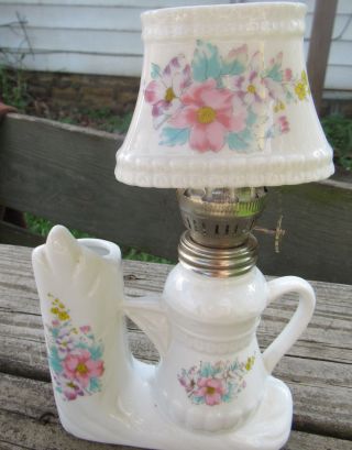 RARE Vintage White Ceramic W/ Floral Design Teapot / Bud Vase Mini Oil Lamp EUC 2