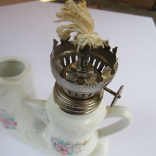 RARE Vintage White Ceramic W/ Floral Design Teapot / Bud Vase Mini Oil Lamp EUC 3