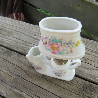 RARE Vintage White Ceramic W/ Floral Design Teapot / Bud Vase Mini Oil Lamp EUC 4