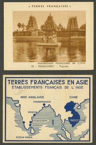 French India Map,  Karikal Chandernagor China Old Card Pondichery Pagodes Pagodas