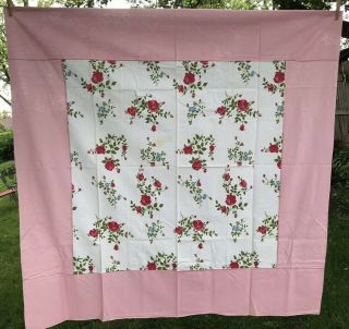VTG Tablecloth Red Pink Rose Floral Cotton Blend Texture Luncheon 52 