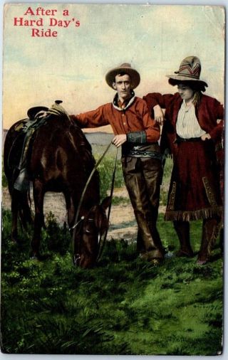 Vintage Cowboy Western Postcard " After A Hard Day 