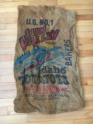 Vintage Idaho Sun Valley Burlap Potatoe Sack Bag 100 Pounds Us 1 Bakers