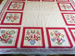 Ivory Vintage Square Tablecloth,  Pennsylvania Dutch Style Print W/ Red Boarder.