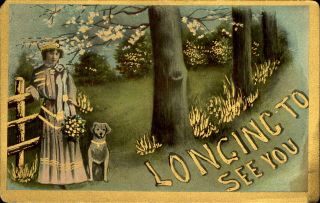 Longing To See You Victorian Woman Flower Bouquet Dog C1910