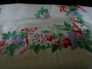 Lovely Vintage Barkcloth Tablecloth W/cherries/grapes/berries/ribbons 44 " X 66 "